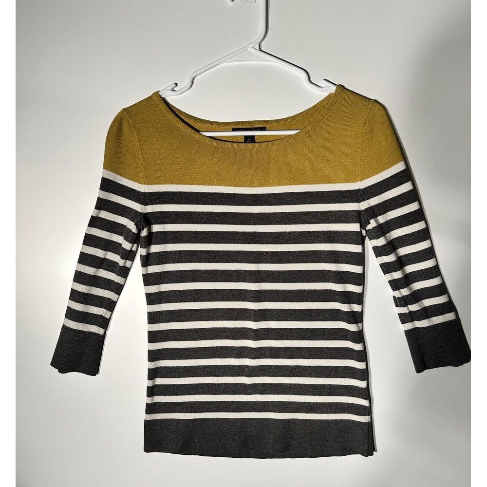Banana Republic 3/4 Sleeve Mustard Yellow White Gray‎ Stripes Sweater Women's XS